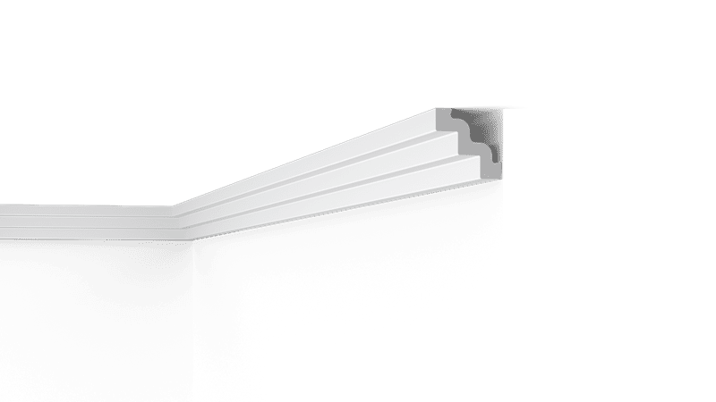 NMC Nomastyl ST3 coving corner detail, white decorative ceiling moulding on black background