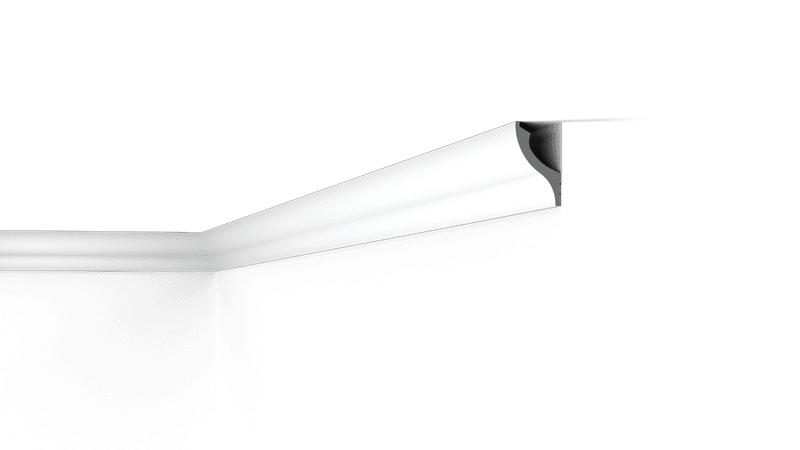 NMC Wallstyl IL13 coving in white, decorative ceiling moulding shown in corner on black background