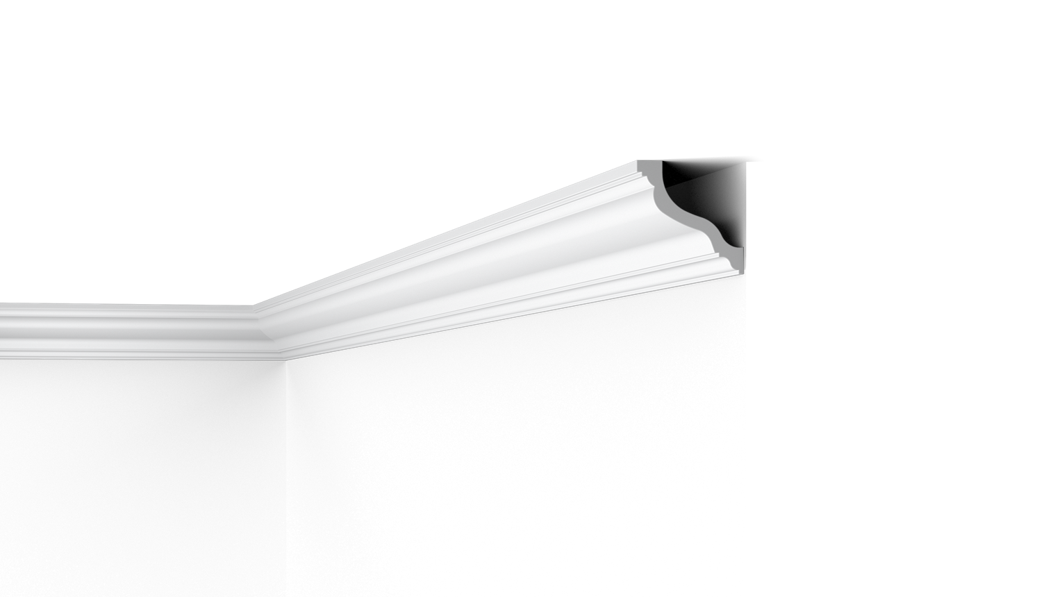 NMC Wallstyl WT10 coving in white, decorative ceiling moulding corner detail on black background
