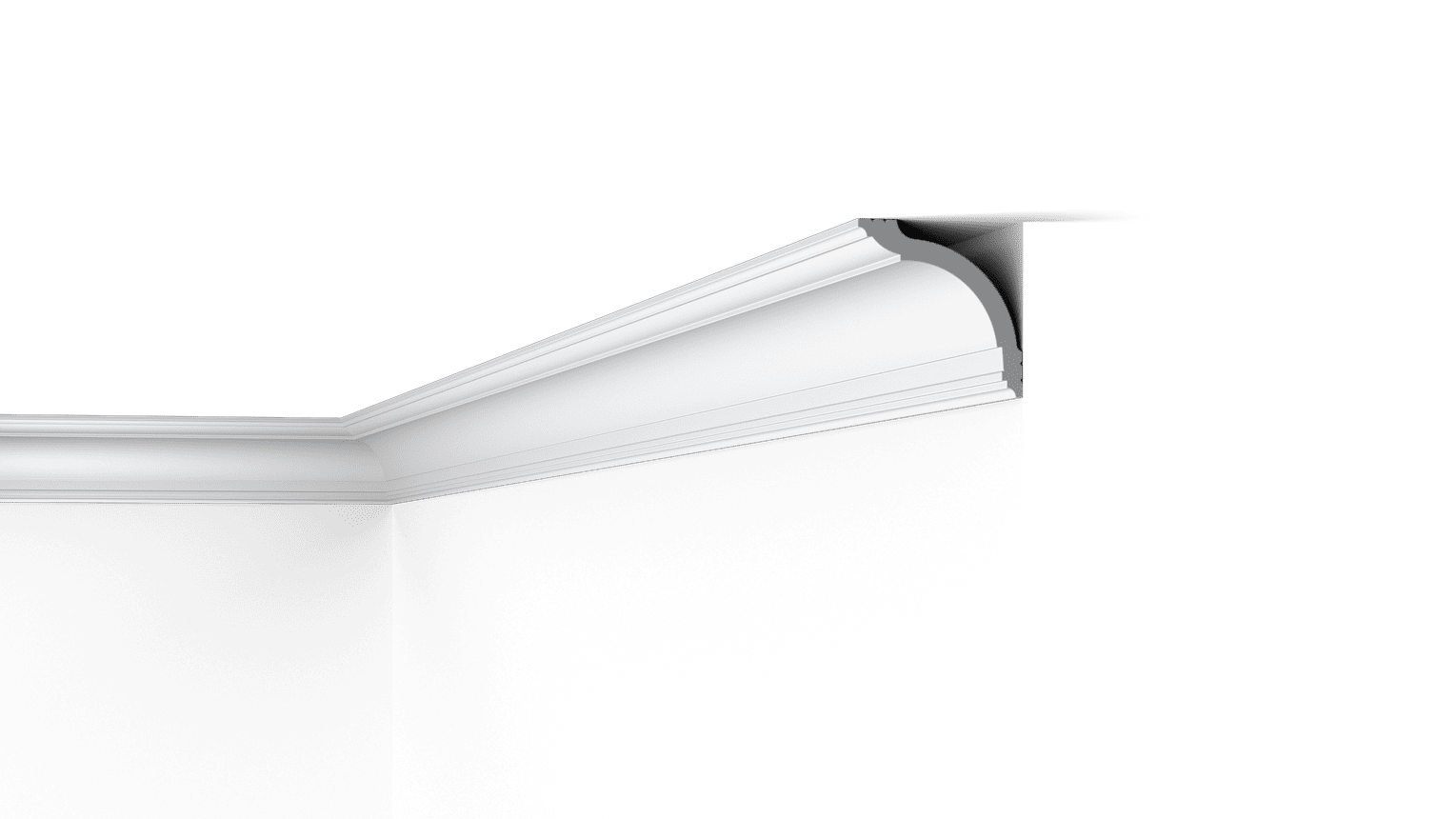 NMC Wallstyl WT17 coving corner detail, white decorative ceiling moulding isolated on black background