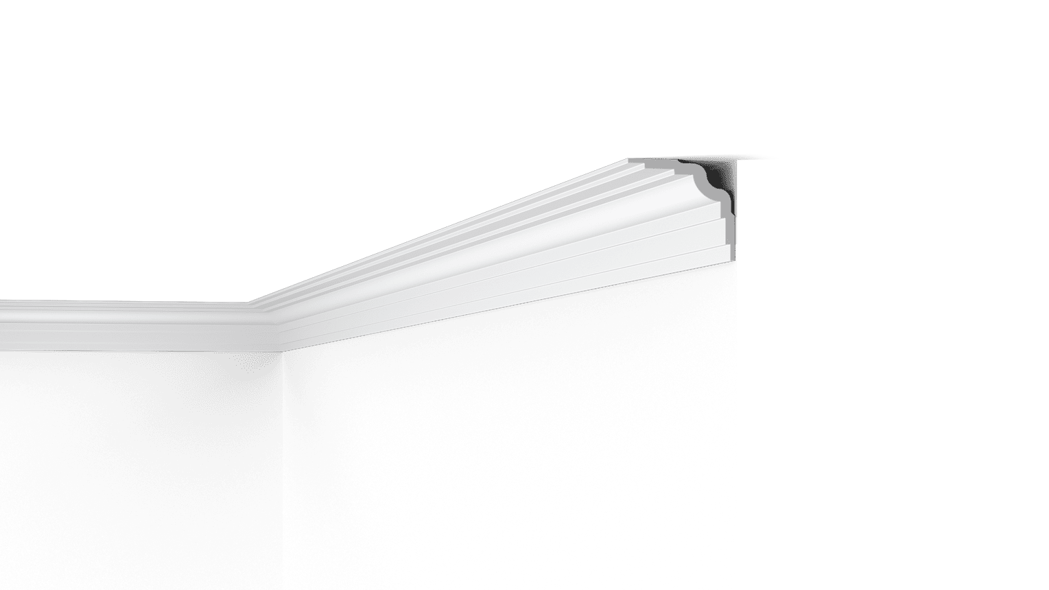 NMC Wallstyl WT25 coving corner detail, white decorative profile on black background