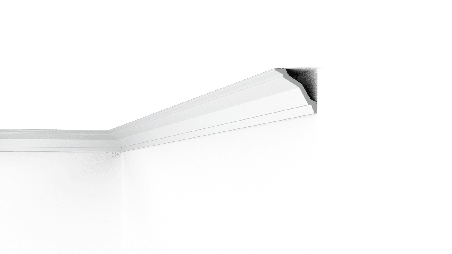 nmc Wallstyl WT26 Coving corner detail on black background, white decorative ceiling moulding in room corner