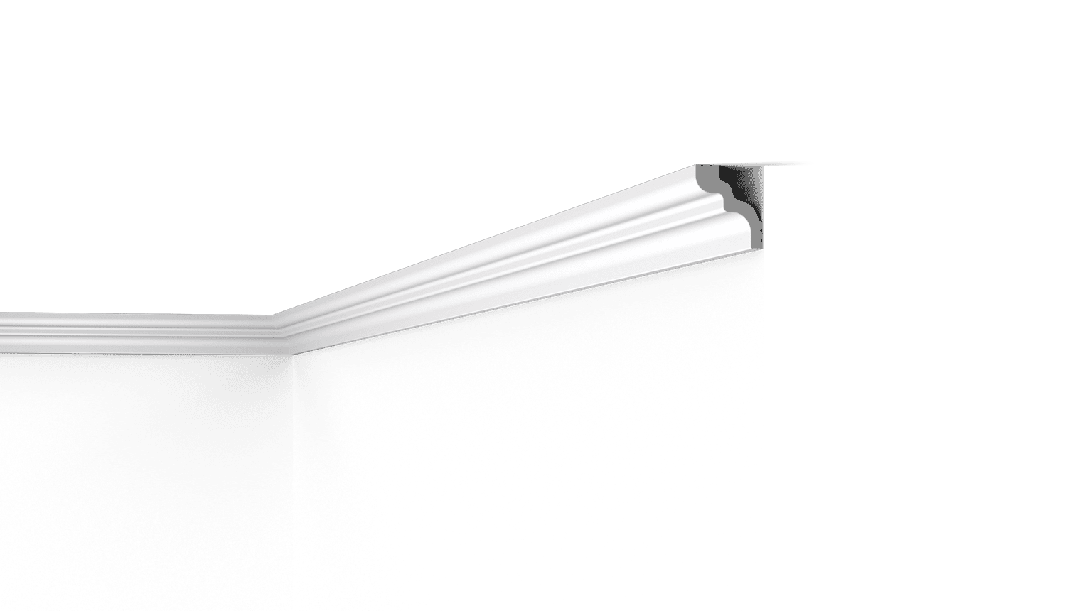 NMC Wallstyl WT9 coving corner detail, white decorative moulding on black background
