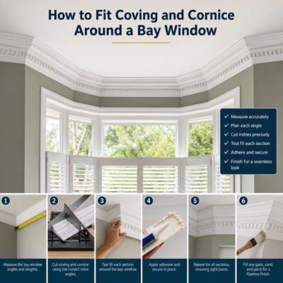 Bay Window Coving and Cornice Guide Step-by-step guide showing coving and cornice fitted around a bay window for a seamless finish.