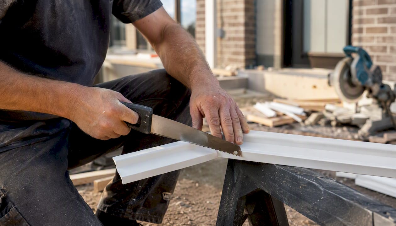 Installer cutting scarf joint on exterior PU moulding
