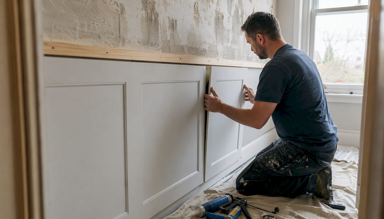 Hands fitting polyurethane half wall panelling