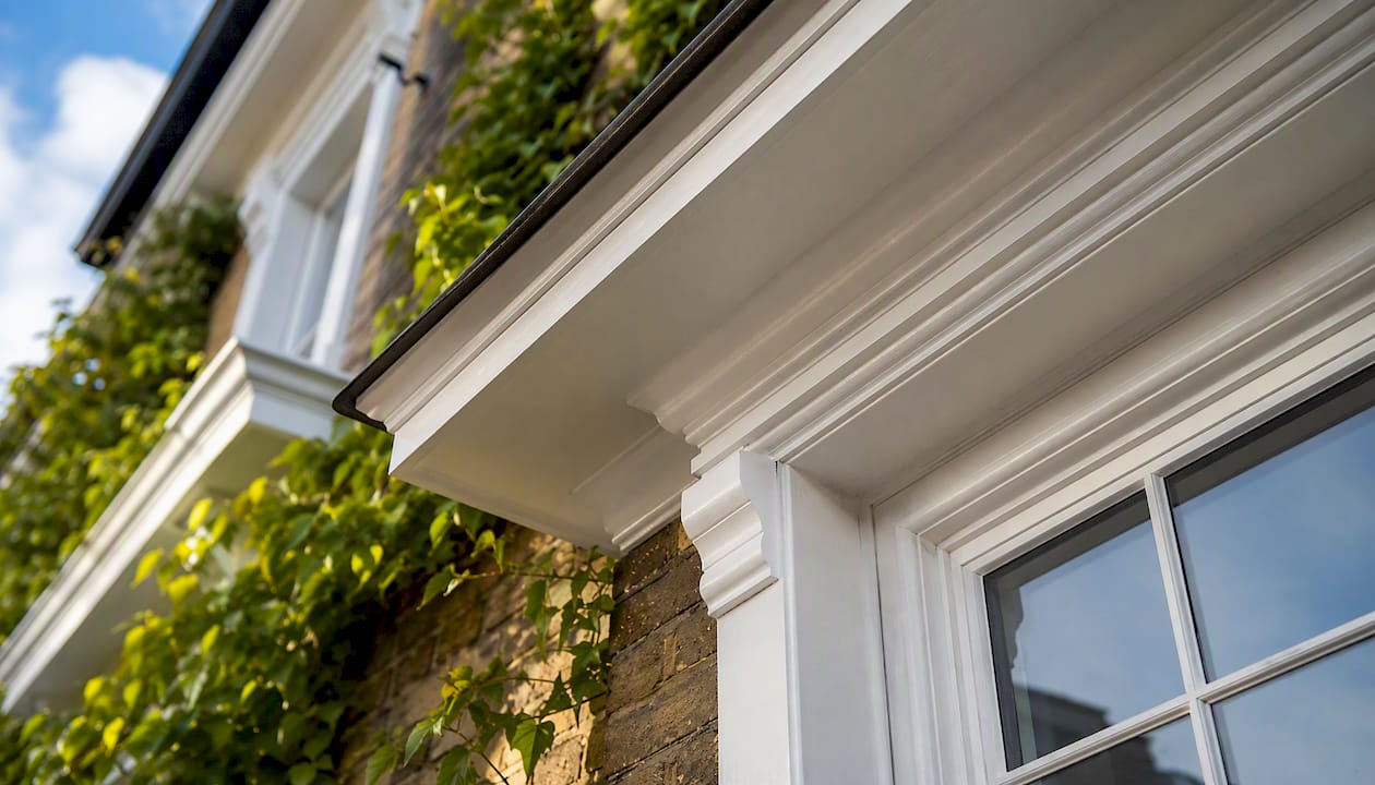 Exterior white polyurethane moulding on UK house corner