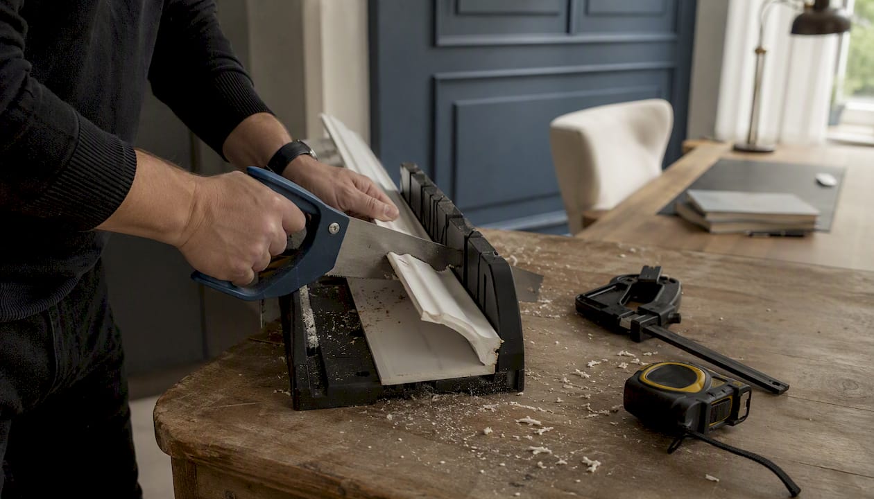 Hands cutting coving corners with mitre box