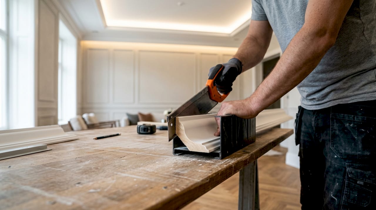 Hands cutting coving with cove mitre tool