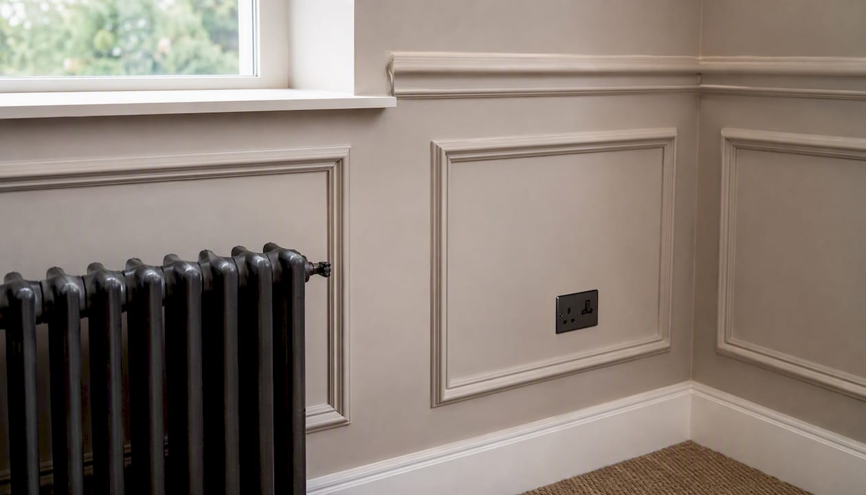 Wall panelling aligned with sockets and radiators