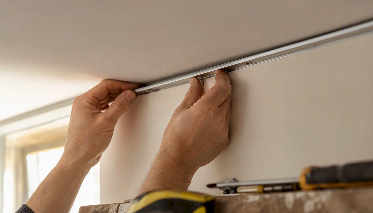 Hands installing aluminium shadow gap profile