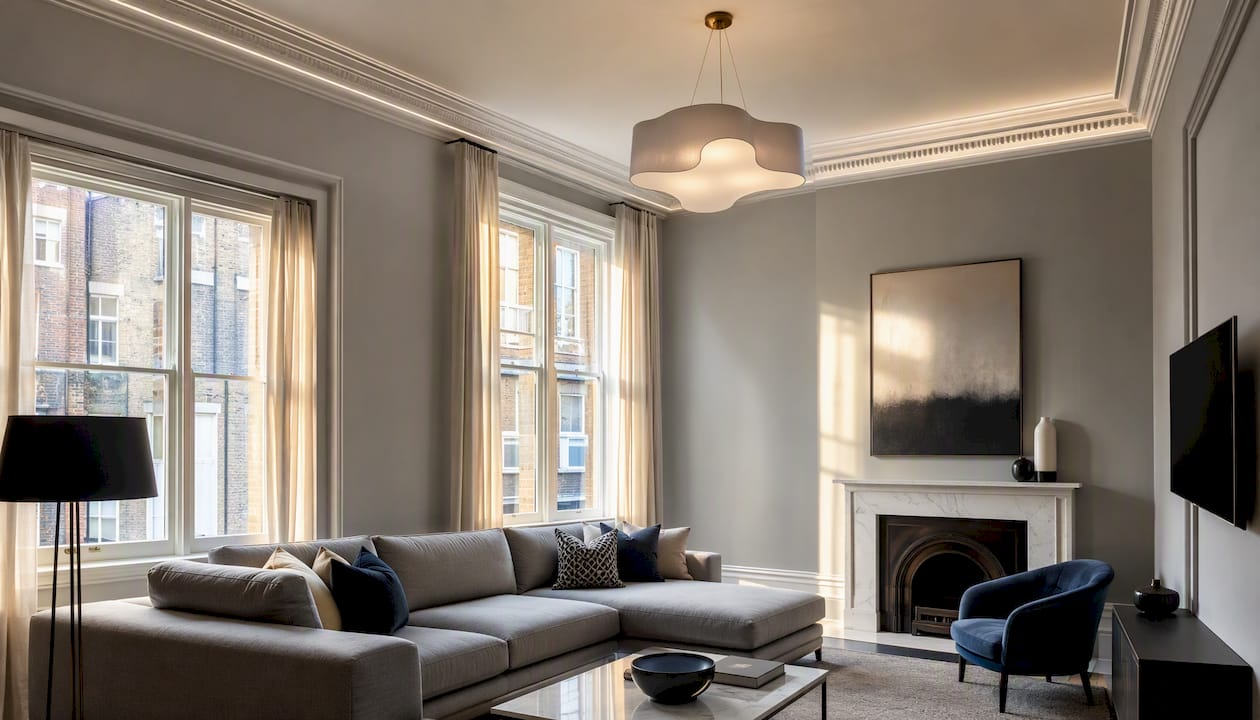 Art Deco coving in luxury living room corner