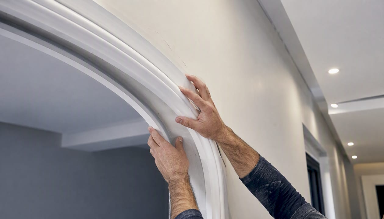 Installer fitting prefab arch trim on commercial doorway