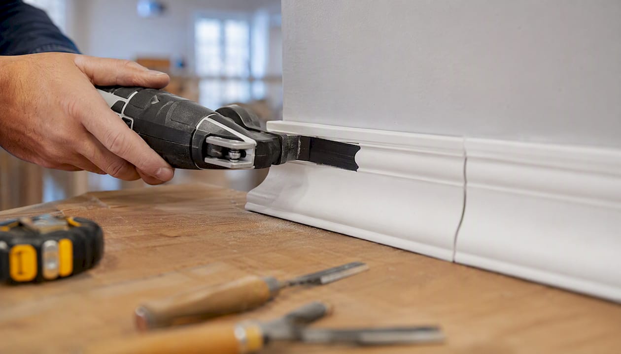 Hand using multi-tool to cope polyurethane moulding