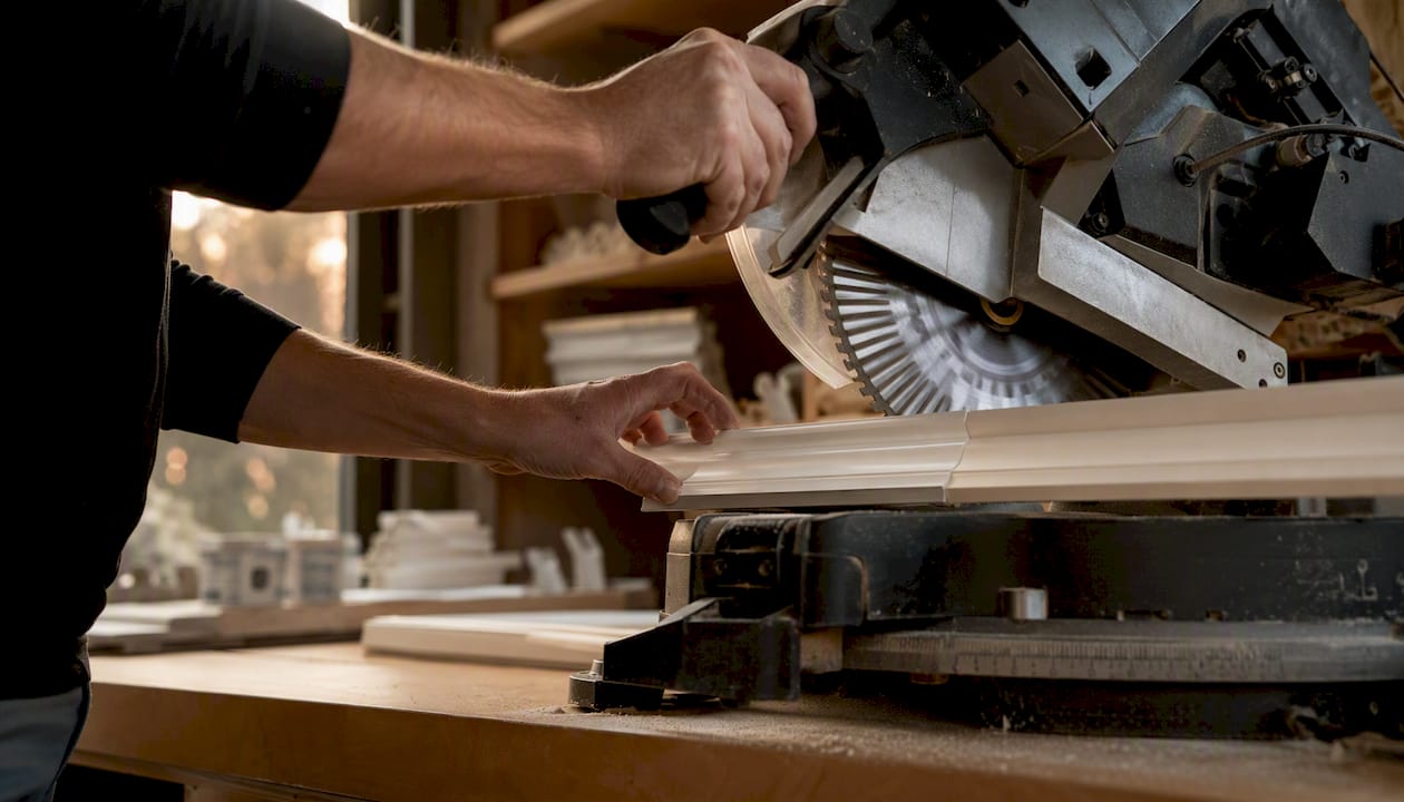 Hands cutting polyurethane moulding with fine blade