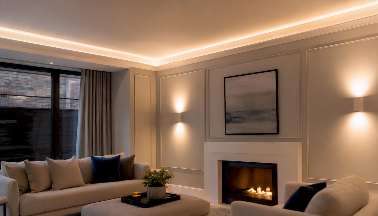 Smooth ambient LED coving lighting in living room