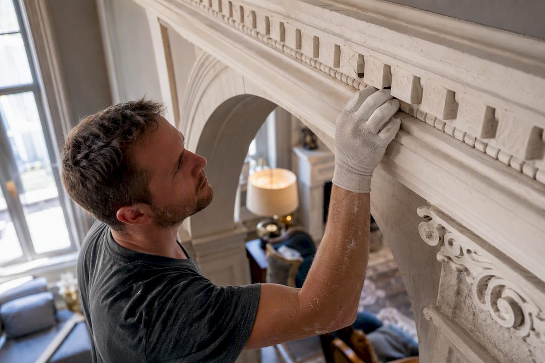 Close-up of hand fitting traditional dentil moulding