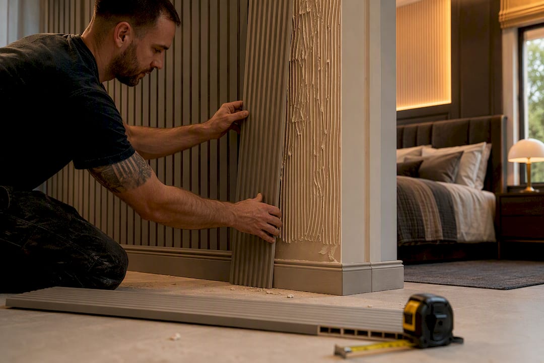 Hands fitting fluted MDF wall panels in modern bedroom