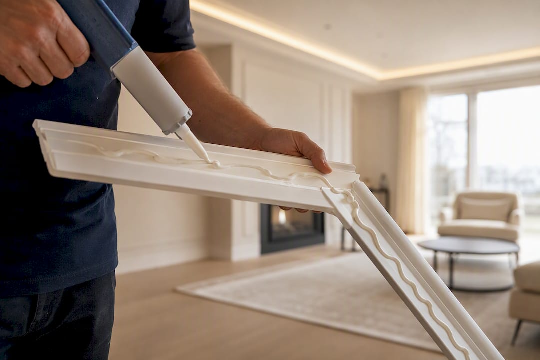 Hand applying adhesive to polyurethane coving
