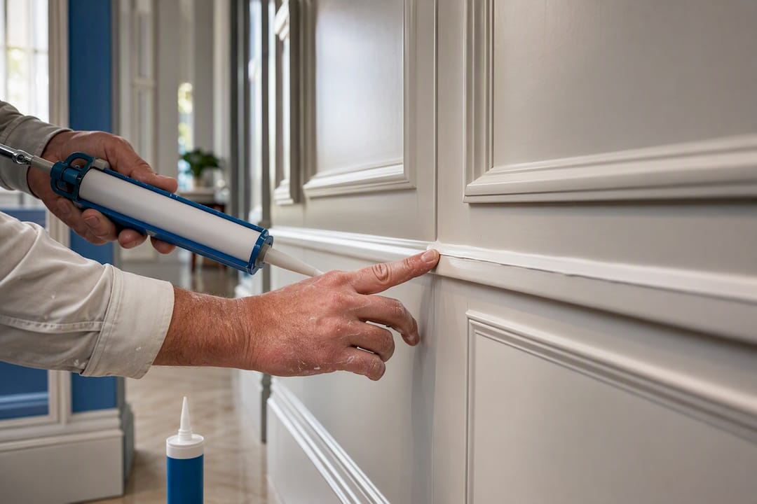 Flexible caulk applied along a panel seam
