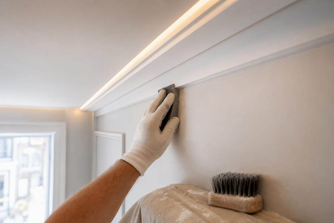 Decorator preparing wall beside LED coving