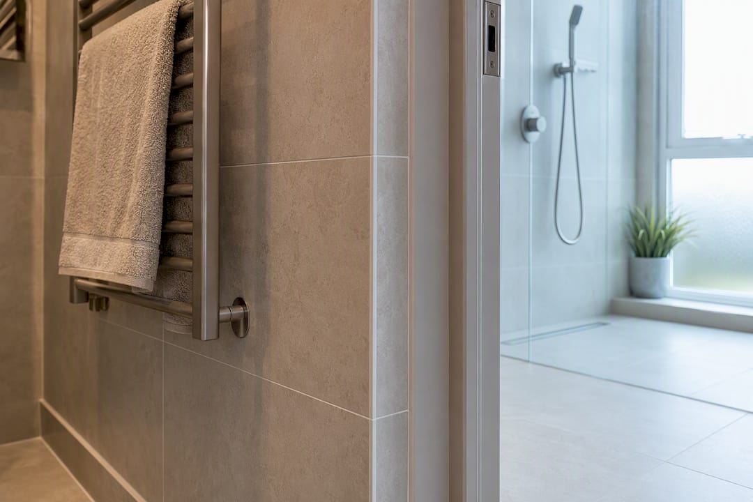 Tiled bathroom doorway reveal with waterproof surround