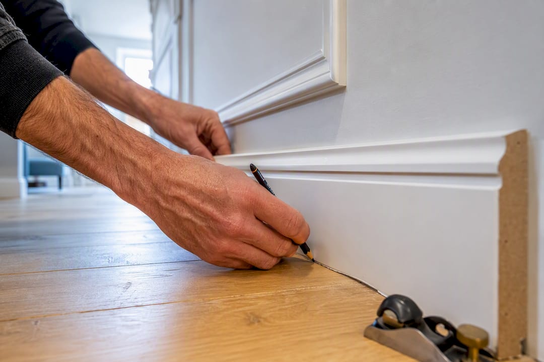 Hands tracing skirting around an uneven floor