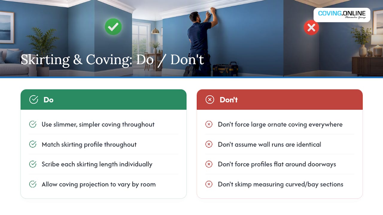 Matching skirting and coving with sloped ceilings or uneven rooms — overview diagram