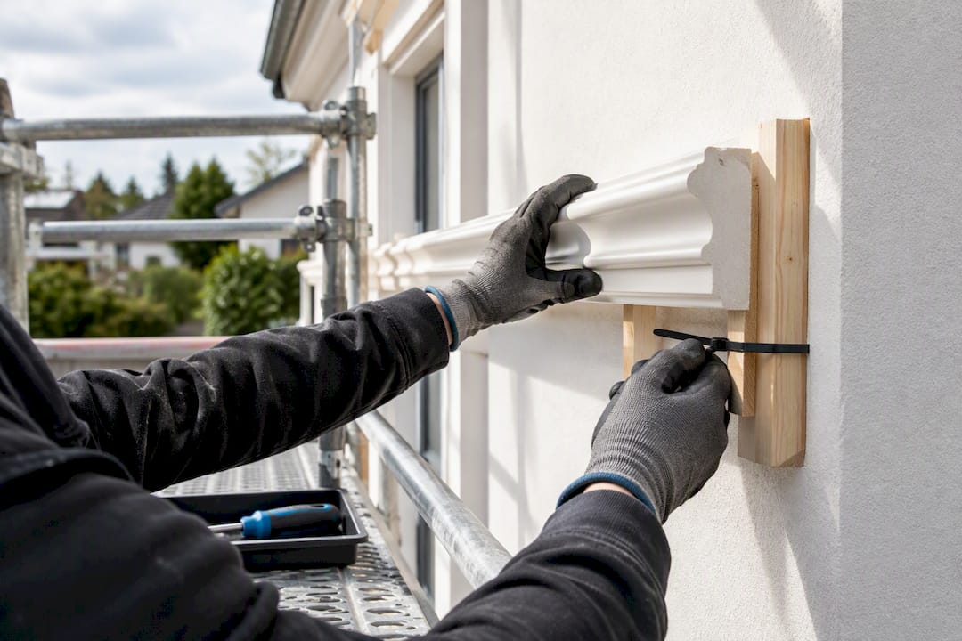 Installer securing moulding safely on scaffold