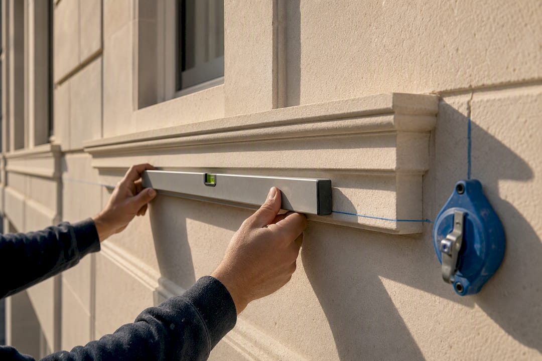 Spirit level checking exterior moulding alignment