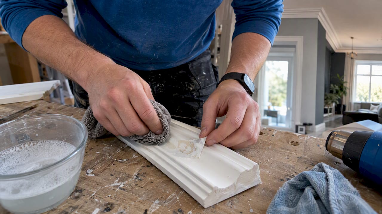 Removing adhesive residue from painted moulding