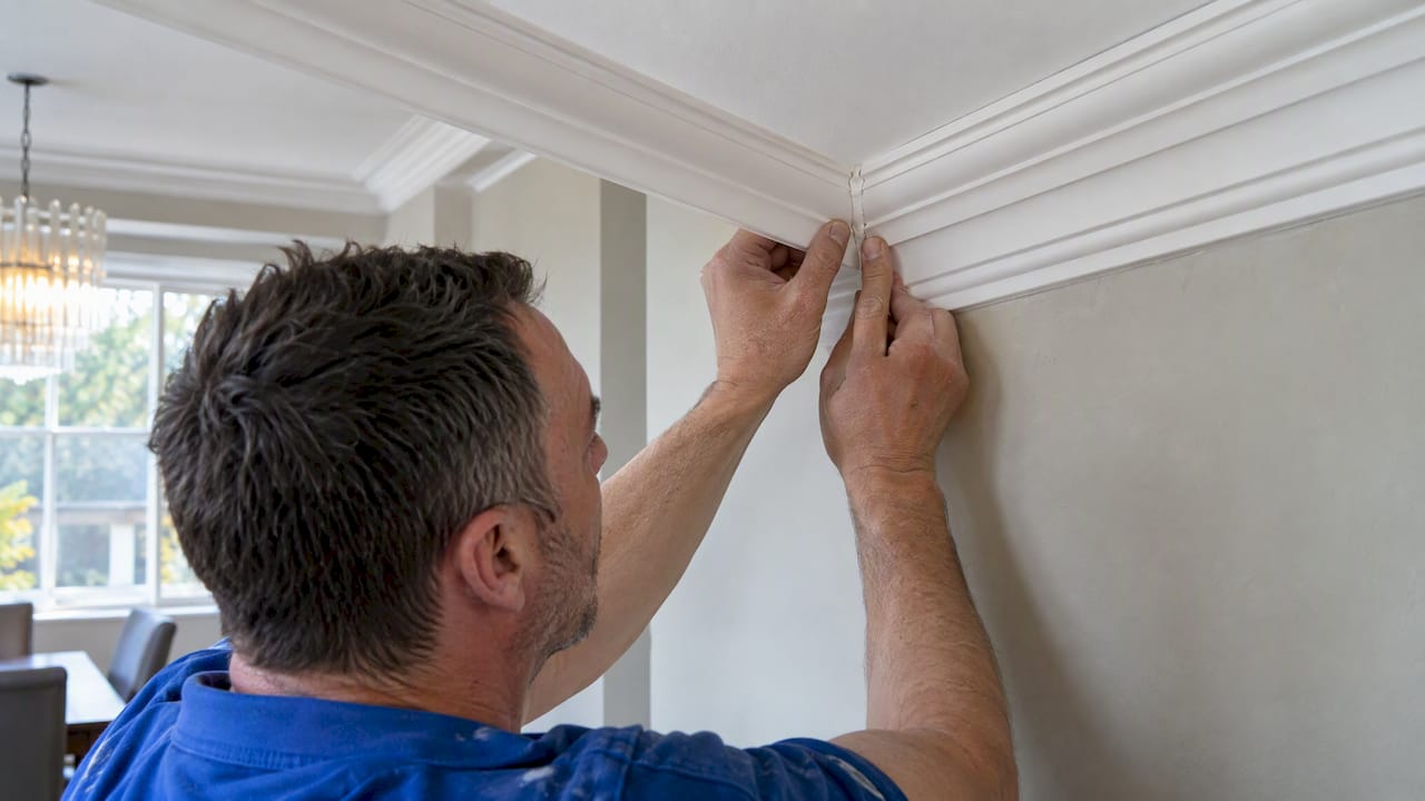 Installer pressing adhesive coving mitre joint
