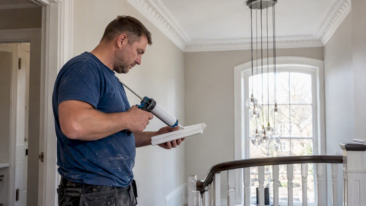 Installer testing adhesive on a coving offcut