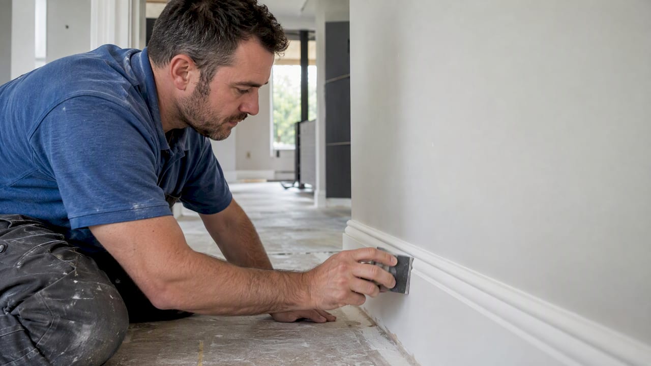 Installer sanding the edge of MDF skirting