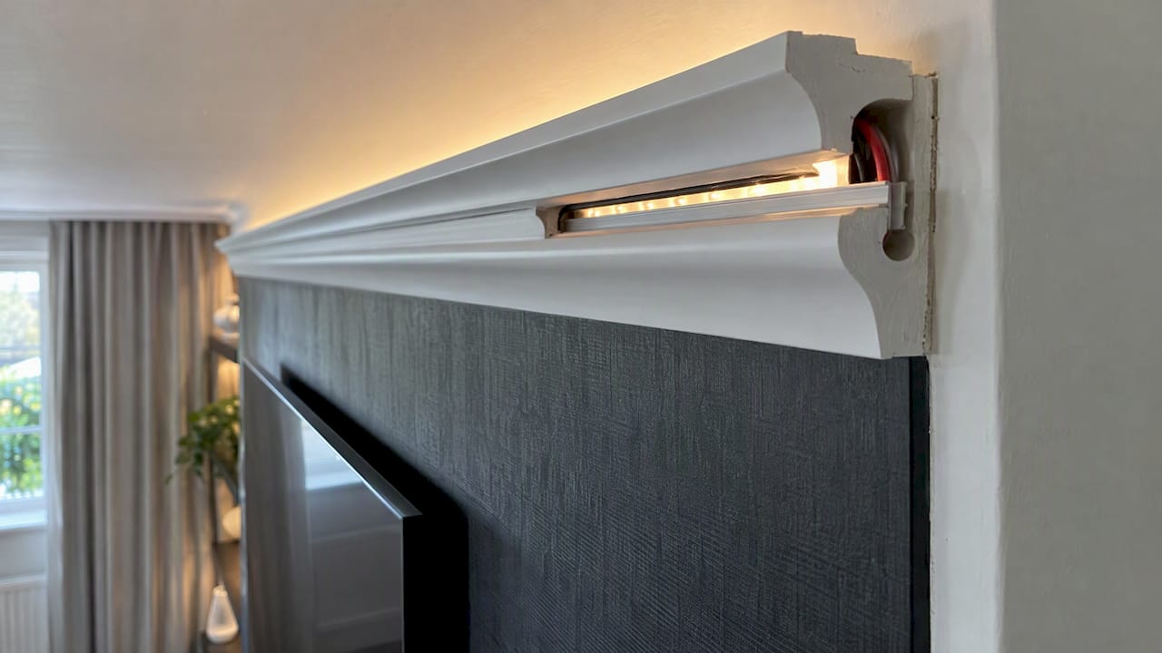 Cable entry and aluminium channel inside LED coving