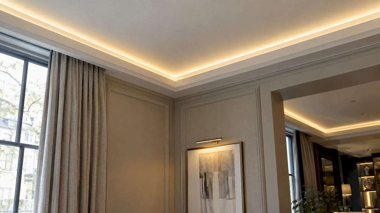 Square stepped coving casting a soft ceiling glow