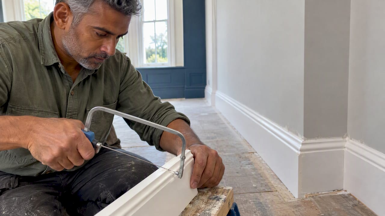 Installer making a back-cut in profiled skirting