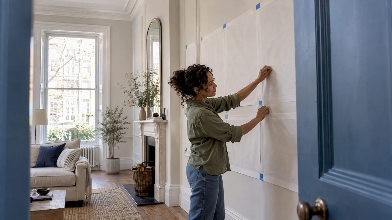Homeowner testing a pencilled panel grid on lining paper