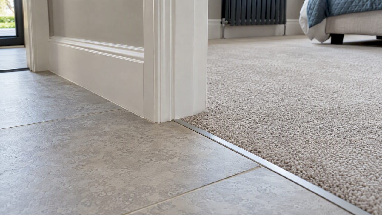 Tile and carpet meeting at a neat doorway threshold